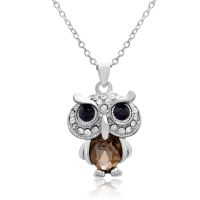 Sapphire and White Crystal Owl Necklace, 16 Inches