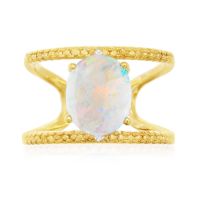 3 Carat Opal and Diamond Open Shank Ring In 14 Karat Yellow Gold Over Sterling Silver