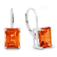 4 1/2 Carat Emerald Shape Created Padparadscha Sapphire Drop Earrings In Sterling Silver