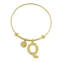 Yellow Gold "Q" Initial Expandable Wire Bangle Bracelet 