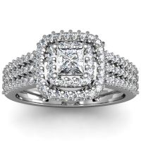 1 Carat Princess Cut Double Halo Diamond Engagement Ring in 14k White Gold