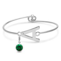 Initial Bangle Bracelet With White Crystal and Emerald Crystal Birthstone, For May Babies