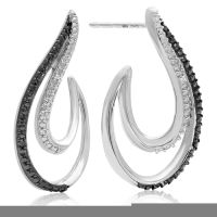 0.06ct Black and White Diamond Twisted J Hoop Earrings In Sterling Silver