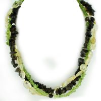 Natural Triple Strand Peridot, Smoky Quartz, and Lemon Crystal Necklace, Sterling Silver