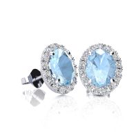 1 Carat Oval Shape Aquamarine and Halo Diamond Stud Earrings In 10 Karat White Gold