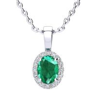 0.90 Carat Oval Shape Emerald and Halo Diamond Necklace In 14 Karat White Gold With 18 Inch Chain