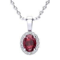 1 Carat Oval Shape Ruby and Halo Diamond Necklace In 14 Karat White Gold With 18 Inch Chain
