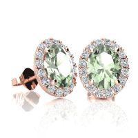 1 1/2 Carat Oval Shape Green Amethyst and Halo Diamond Stud Earrings In 14 Karat Rose Gold