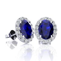 2 1/4 Carat Oval Shape Sapphire and Halo Diamond Stud Earrings In 10 Karat White Gold