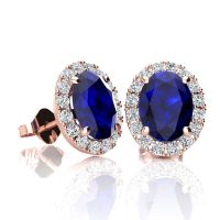 2 1/4 Carat Oval Shape Sapphire and Halo Diamond Stud Earrings In 14 Karat Rose Gold