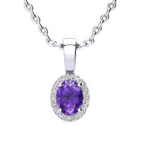 1/2 Carat Oval Shape Amethyst and Halo Diamond Necklace In 14 Karat White Gold With 18 Inch Chain