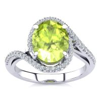 2 3/4 Carat Oval Shape Peridot and Halo Diamond Ring In 14 Karat White Gold