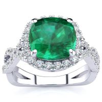 2 1/2 Carat Cushion Cut Emerald and Halo Diamond Ring With Fancy Band In 14 Karat White Gold