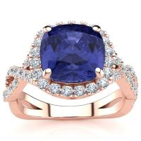 3 Carat Cushion Cut Tanzanite and Halo Diamond Ring With Fancy Band In 14 Karat Rose Gold