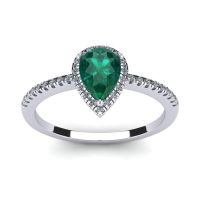 3/4 Carat Pear Shape Emerald and Halo Diamond Ring In 14 Karat White Gold