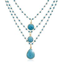 86 Carat Turquoise Triple Strand & Beaded Necklace in 14K Yellow Gold Over Sterling Silver, 26 Inches