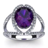 3 Carat Oval Shape Amethyst and Halo Diamond Ring In 14 Karat White Gold