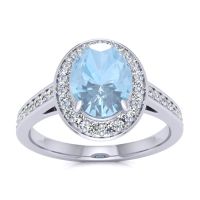 1 1/2 Carat Oval Shape Aquamarine and Halo Diamond Ring In 14 Karat White Gold