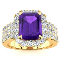 3 Carat Emerald Shape Amethyst and Halo Diamond Ring In 14 Karat Yellow Gold