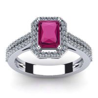 1 1/2 Carat Emerald Cut Ruby and Halo Diamond Ring In 14 Karat White Gold