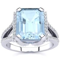 3 1/2 Carat Emerald Cut Aquamarine and Halo Diamond Ring In 14 Karat White Gold
