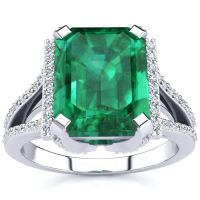 3 1/2 Carat Emerald Cut Emerald and Halo Diamond Ring In 14 Karat White Gold
