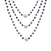41 Carat Blue Sapphire and Pearl Triple Strand Necklace In 14K Yellow Gold, 20 Inches