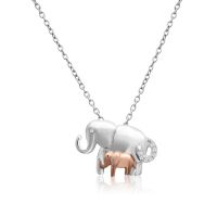 Sterling Silver and 10K Rose Gold Diamond Accent Mother and Baby Elephant Necklace