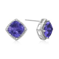 2 Carat Cushion Cut Tanzanite and Diamond Earrings In Sterling Silver