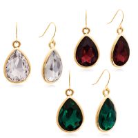 Set Of Three 18 Carat Pear Shape Crystal Earrings In Clear, Emerald and Marsala