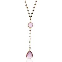 79 Carat Pink Tourmaline Pear Shape Y Bar Strand Necklace In 14K Yellow Gold Over Sterling Silver, 36 Inches
