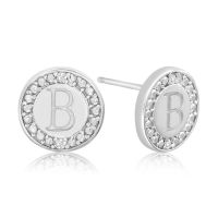 "B" Initial Diamond Stud Earrings In Sterling Silver
