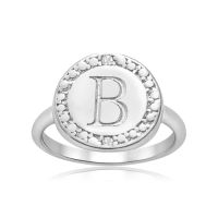 "B" Initial Diamond Pinkie Ring In Sterling Silver
