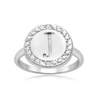 "J" Initial Diamond Pinkie Ring In Sterling Silver