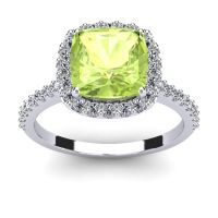 3 Carat Cushion Cut Peridot and Halo Diamond Ring In 14K White Gold