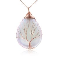 Rose Gold Tree of Life Wire Wrapped Opal Teardrop Necklace, 18 Inches