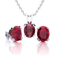 3 Carat Oval Shape Ruby Necklace and Earring Set In Sterling Silver