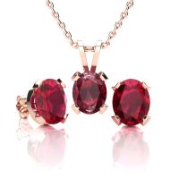 3 Carat Oval Shape Ruby Necklace and Earring Set In 14K Rose Gold Over Sterling Silver
