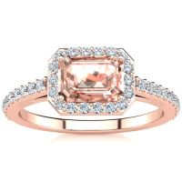 1 1/4 Carat Emerald Shape Morganite and Halo Diamond Ring In 14 Karat Rose Gold