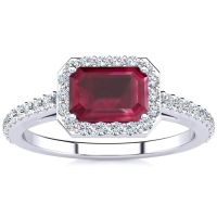 1 1/3 Carat Emerald Shape Ruby and Halo Diamond Ring In 14 Karat White Gold