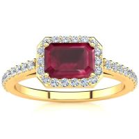 1 1/3 Carat Emerald Shape Ruby and Halo Diamond Ring In 14 Karat Yellow Gold