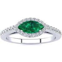 3/4 Carat Marquise Shape Emerald and Halo Diamond Ring In 14 Karat White Gold