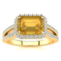 1 1/3 Carat Emerald Shape Antique Citrine and Halo Diamond Ring In 14 Karat Yellow Gold
