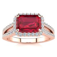 1 1/2 Carat Emerald Shape Antique Ruby and Halo Diamond Ring In 14 Karat Rose Gold