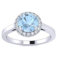 1 Carat Round Shape Aquamarine and Halo Diamond Ring In 14 Karat White Gold