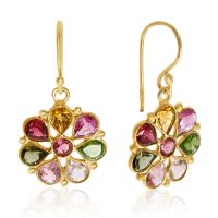 8 Carat Multi Gemstone Flower Earrings In 14K Yellow Gold

