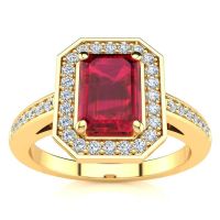 1 1/4 Carat Emerald Shape Ruby and Halo Diamond Ring In 14 Karat Yellow Gold