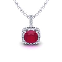 1 1/2 Carat Cushion Cut Ruby and Halo Diamond Necklace In 14 Karat White Gold, 18 Inches