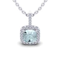 2 1/2 Carat Cushion Cut Aquamarine and Halo Diamond Necklace In 14 Karat White Gold, 18 Inches