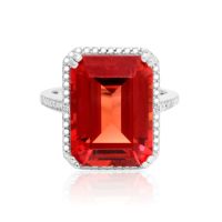 11 Carat Emerald Shape Created Padparadscha Sapphire and Diamond Ring In Sterling Silver
